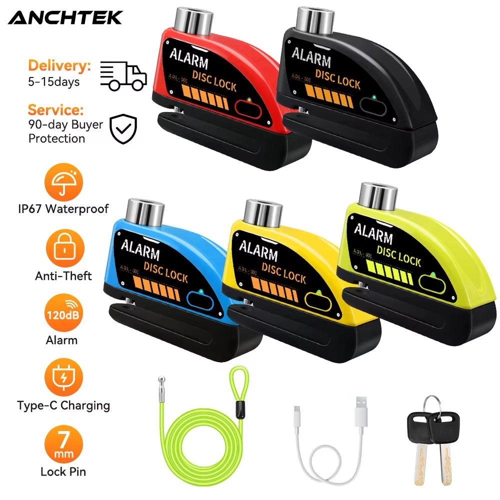 Anchtek Motorcycle Alarm Disc Brake Lock Security Moto Wheel Disk Padlock Waterproof 110Db Loud anti Theft Alarma Motocicleta
